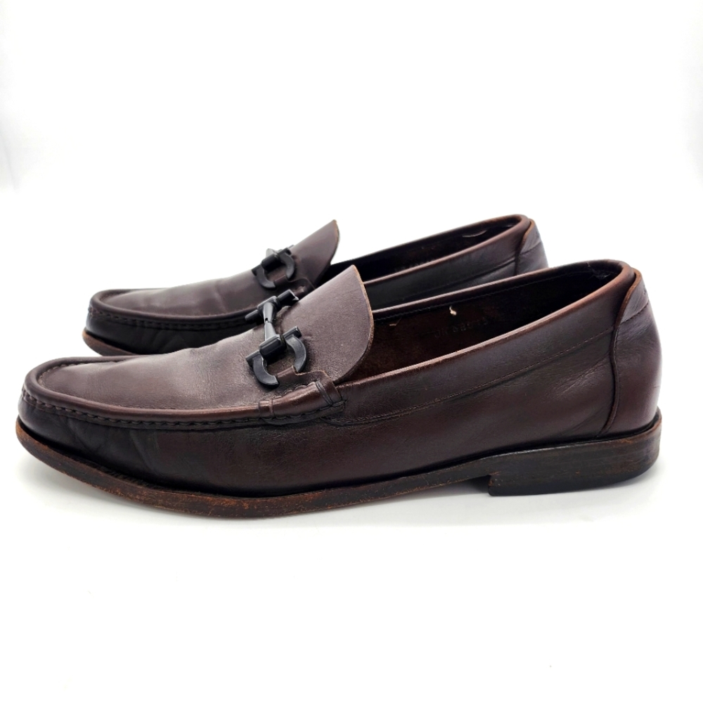 Salvatore Ferragamo Paine Mens Silver Gancini Bit Dress Shoes Brown Loafers 10 D